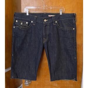 True Religion Ricky Jean Shorts Cut-Off Flap Raw Hem Dark Indigo Wash Sz 38